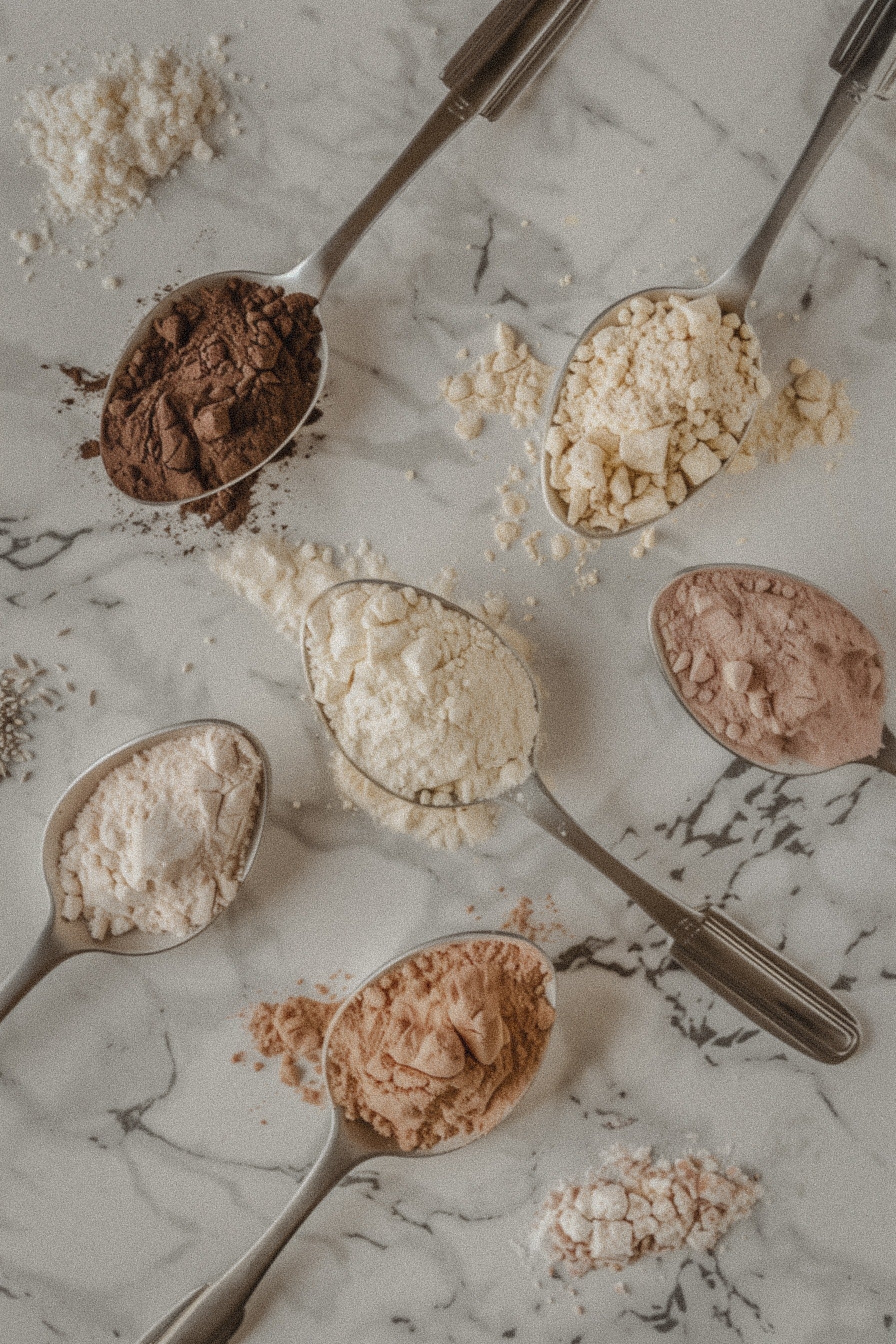 Close up of protein powders on spoons on marble